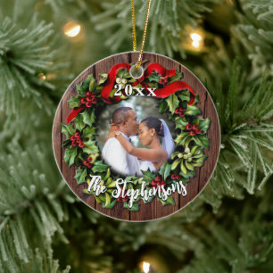 Holly Wreath First Christmas Couple Wedding Photo Ceramic Tree Decoration