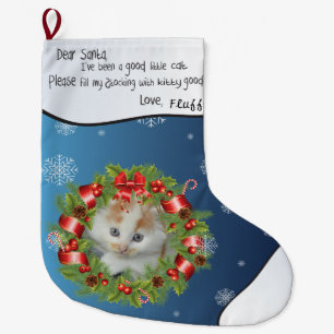 Holly Wreath Frame Personalise YOUR CAT PHOTO blue Large Christmas Stocking