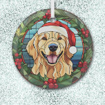 Holly Wreath Golden Retriever Dog Christmas Glass Tree Decoration<br><div class="desc">Here's a pretty glass ornament with a stained glass theme, featuring a happy Golden Retriever. The dog is wearing a red and white Santa Claus hat, with a blue sky background. The image is framed in a pretty green holly and red berry circle wreath. This is a high resolution, high...</div>