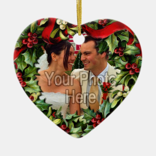 Holly Wreath Heart Photo Personalised Ornament (Front)
