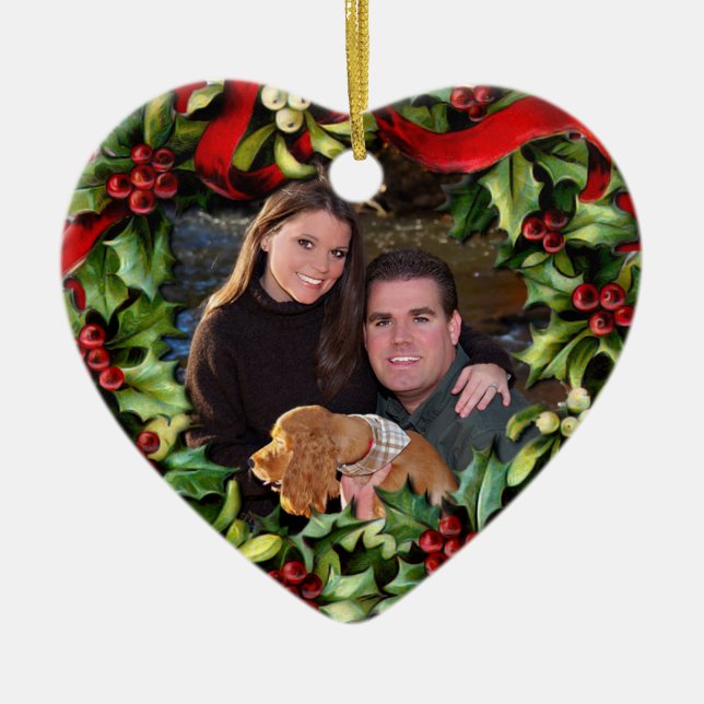 Holly Wreath Heart Photo Personalised Ornament (Front)