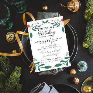 Holly Wreath Holiday Dinner Party Foliage Greenery Invitation