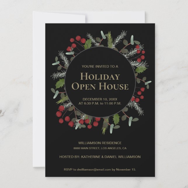 Holly Wreath Holiday Open House Christmas Party Invitation (Front)