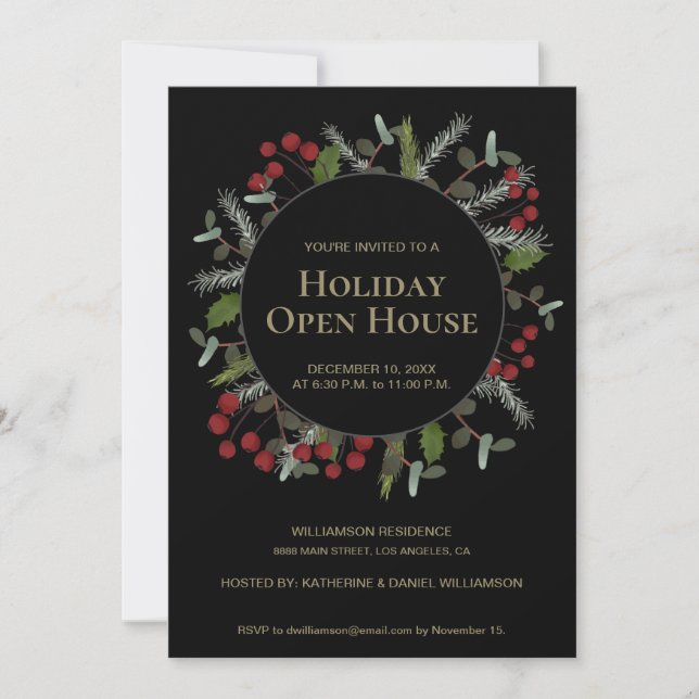 Holly Wreath Holiday Open House Christmas Party Invitation (Front)