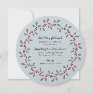 Holly Wreath Holiday Potluck Party Invitation Card