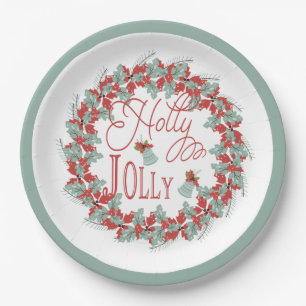Holly Wreath "Holly Jolly" Christmas Holiday Bells Paper Plate