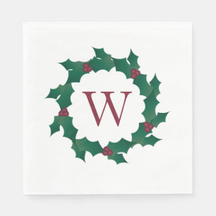 Holly Wreath Initial Christmas Holiday Napkins