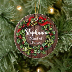 Holly Wreath Maid of Honour Custom Wedding Party Ceramic Tree Decoration