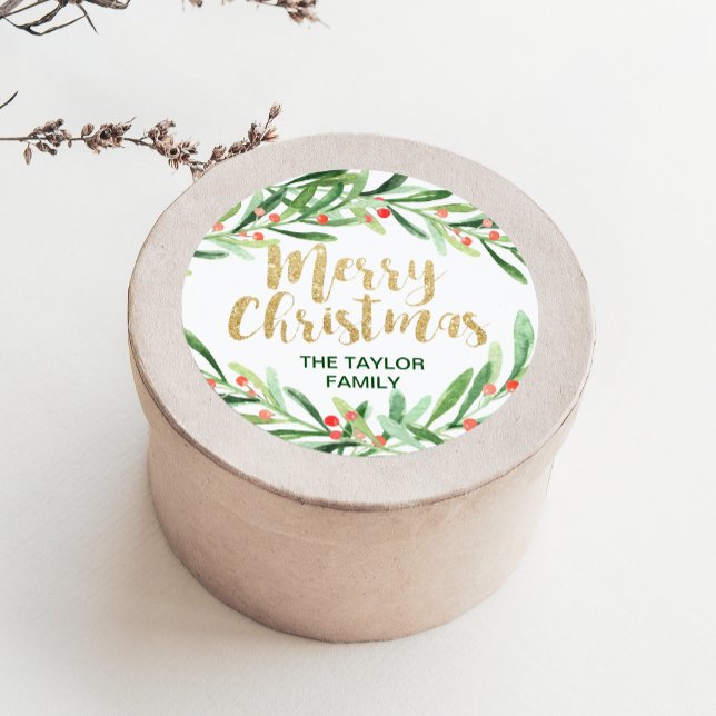 Holly Wreath Merry Christmas Classic Round Sticker (Creator Uploaded)