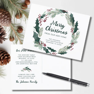 Holly Wreath Merry Christmas from New Home Announcement Postcard