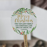 Holly Wreath Merry Christmas Return Address Classic Round Sticker<br><div class="desc">These holly wreath merry christmas return address stickers are perfect for a classic holiday card or invitation envelope. The design features a watercolor green wreath with red berries and an elegant faux gold glitter font. Please Note: This design does not feature real gold glitter. It is a high quality graphic...</div>