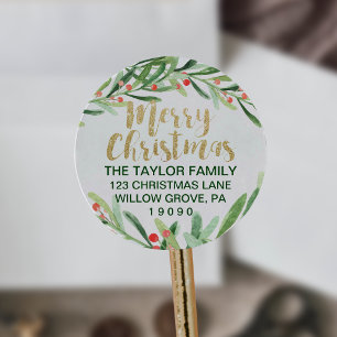 Holly Wreath Merry Christmas Return Address Classic Round Sticker