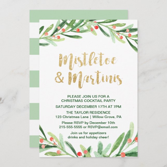 Holly Wreath Mistletoe & Martinis Cocktail Party Invitation (Front/Back)