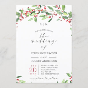 Holly Wreath Monogrammed Holiday Wedding Card