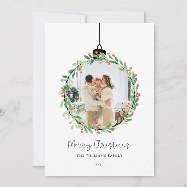 Holly Wreath Ornament Merry Christmas Photo Holiday Card (Front)