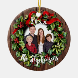 Holly Wreath Personalized Family Photo Keepsake Ceramic Tree Decoration