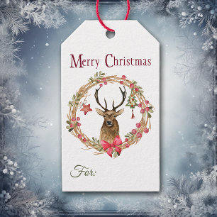 Holly Wreath Red Bow Reindeer Christmas  Gift Tags