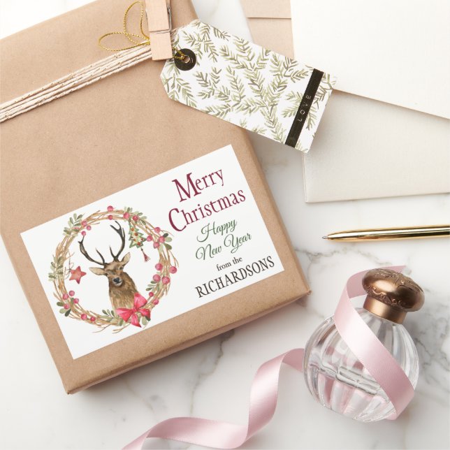 Holly Wreath Red Bow Reindeer Christmas Rectangular Sticker (Gifting)
