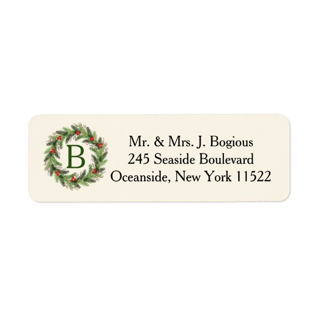 Holly Wreath Return Address Label  (Front)