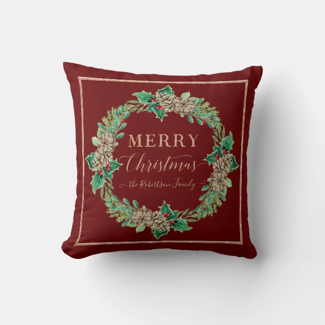 Holly Wreath Rose Gold Typography Merry Christmas Cushion (Front)