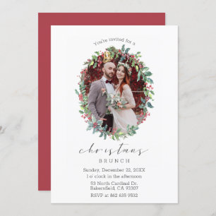 Holly Wreath Script Christmas Photo Invitation
