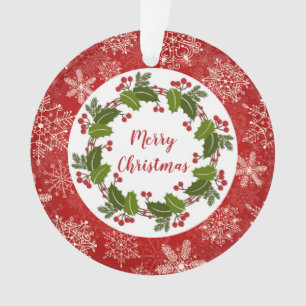 Holly wreath, snowflakes Christmas Photo Ornament