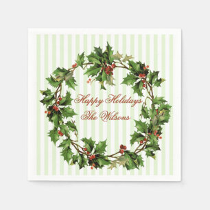 Holly Wreath Vintage Personalised Christmas Napkin