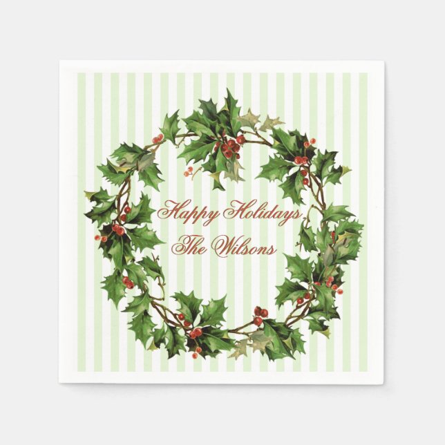Holly Wreath Vintage Personalised Christmas Napkin (Front)