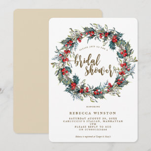 holly wreath winter bridal shower invite