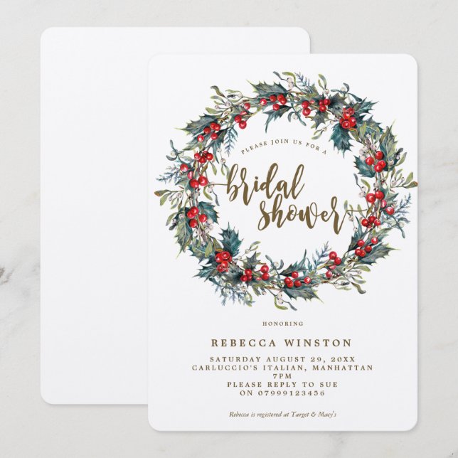 holly wreath winter bridal shower invite kraft (Front/Back)