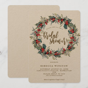 holly wreath winter bridal shower invite kraft