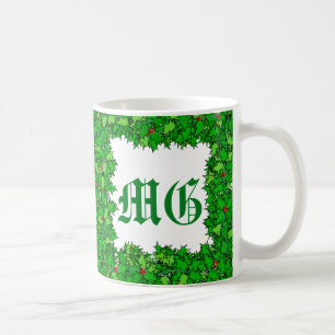 Holly Wreath with Monogram, Dark Green Coffee Mug