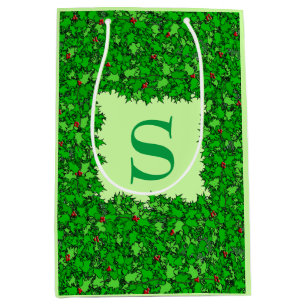 Holly Wreath with Monogram, Dark Green Medium Gift Bag