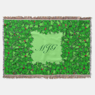 Holly Wreath with Monogram, Dark Green Throw Blanket
