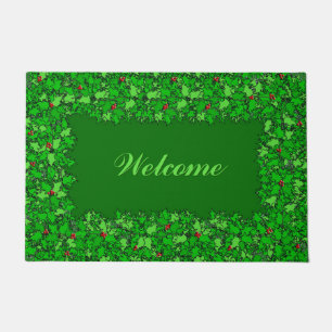 Holly Wreath with Text, Dark Green Doormat