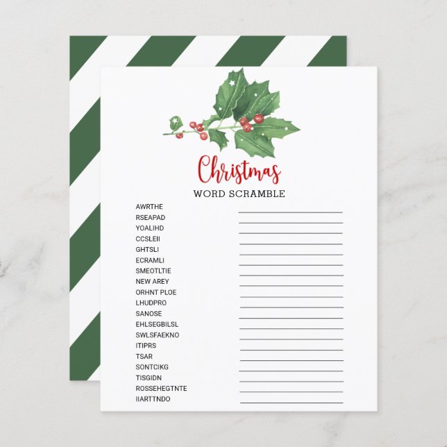 Holly Wreath Word Scramble Game Card  (Front/Back)