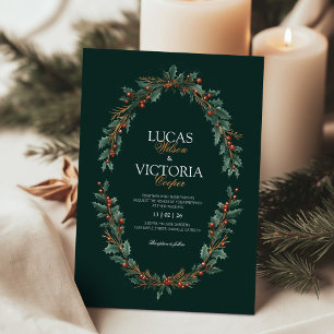Holly Wreaths Dark Green Winter Wedding Invitation