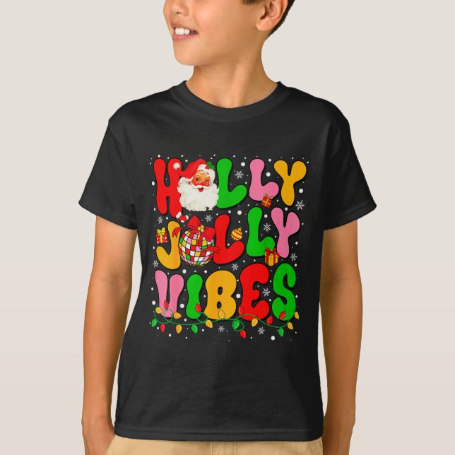 Holly Xmas Jolly Vibes Santa Christmas Lights Disc T-Shirt (Front)