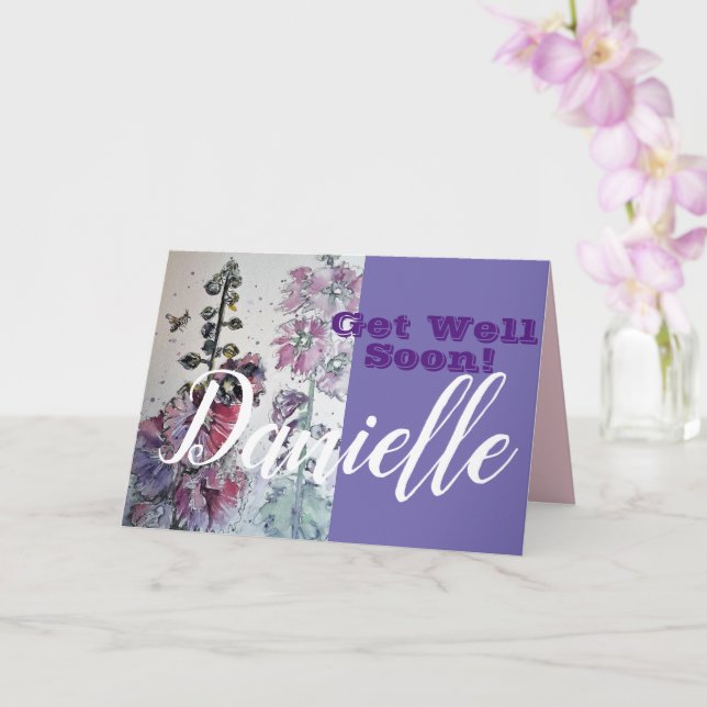 Hollyhock Flower Get Well Soon Womans Name Card (Orchid)