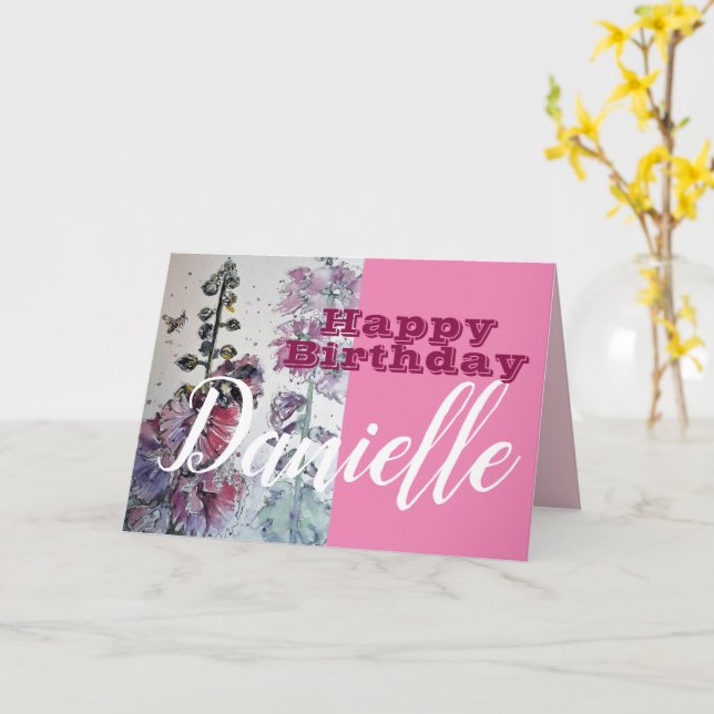 Hollyhock Flower Happy Birthday Womans Name Card (Yellow Flower)