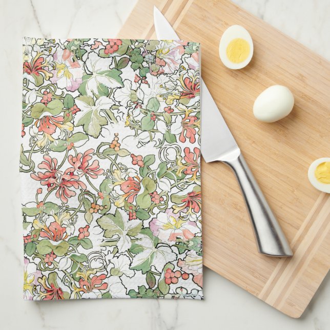 Hollyhock Honeysuckle Floral Mucha Kitchen Towel (Quarter Fold)