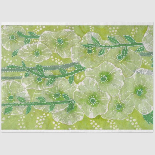 Hollyhock Mallow Malva Flowers Green Shades Floral Tissue Paper (Front)