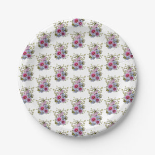 Hollyhocks and Blue Flowers with Bumble BEES Paper Plate