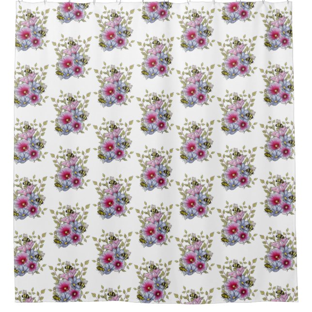Hollyhocks and Blue Flowers with Bumble BEES Shower Curtain (Front)