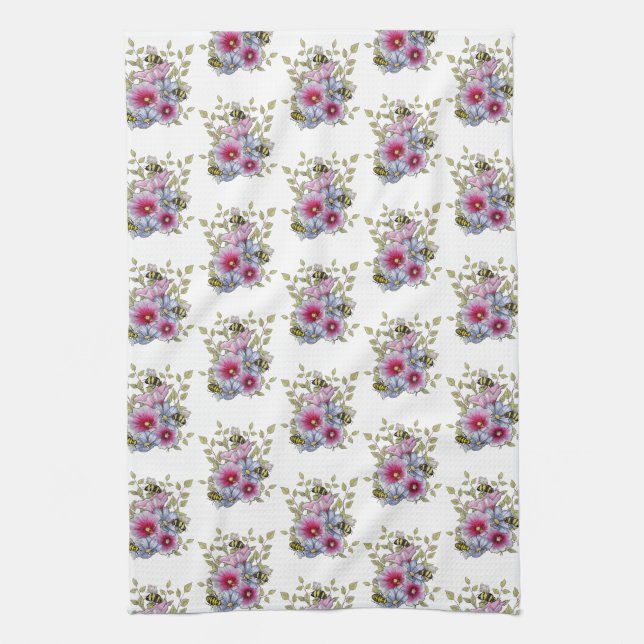 Hollyhocks and Blue Flowers with Bumble BEES Tea Towel (Vertical)