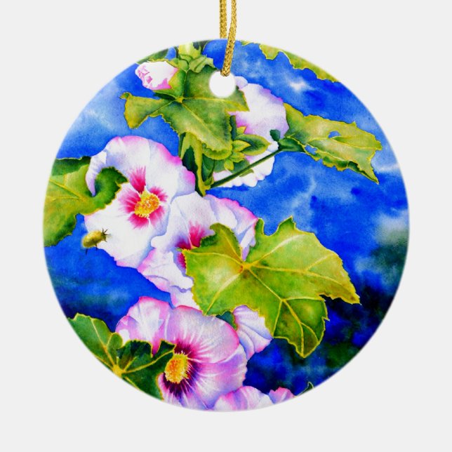 Hollyhocks Ceramic Tree Decoration (Front)