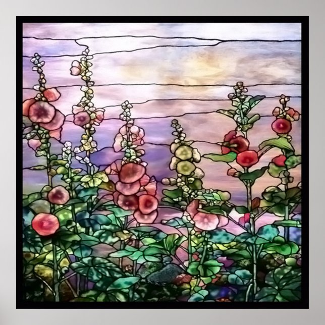 Hollyhocks Vintage Floral Tiffany Stained Glass Poster (Front)
