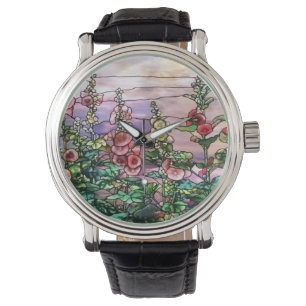 Hollyhocks Vintage Floral Tiffany Stained Glass Watch