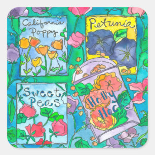 Hollyhocks Watercolor Flowers Square Sticker
