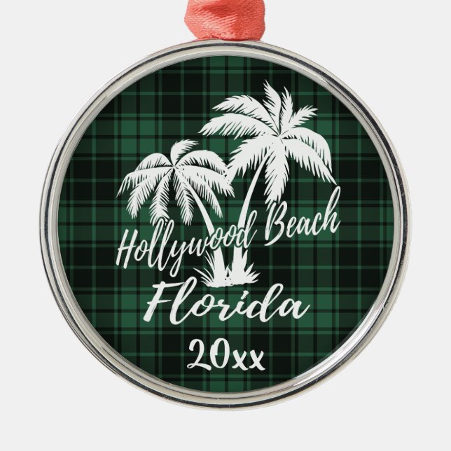 Hollywood Beach Florida Palm Tree Green Plaid Metal Tree Decoration (Front)